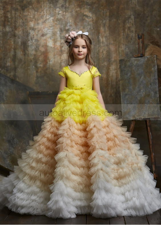 Mixed Color Beaded Satin Tulle Ruffle Flower Girl Dress